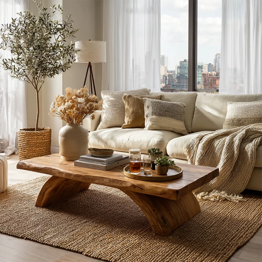 Live Edge Solid Wood Coffee Table With Natural Wood Top And Sculptural Block Legs For Modern Living Room - Echotimber