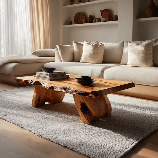 Live Edge Solid Wood Coffee Table With Rustic Natural Top And Block Legs For Modern Living Room - Echotimber