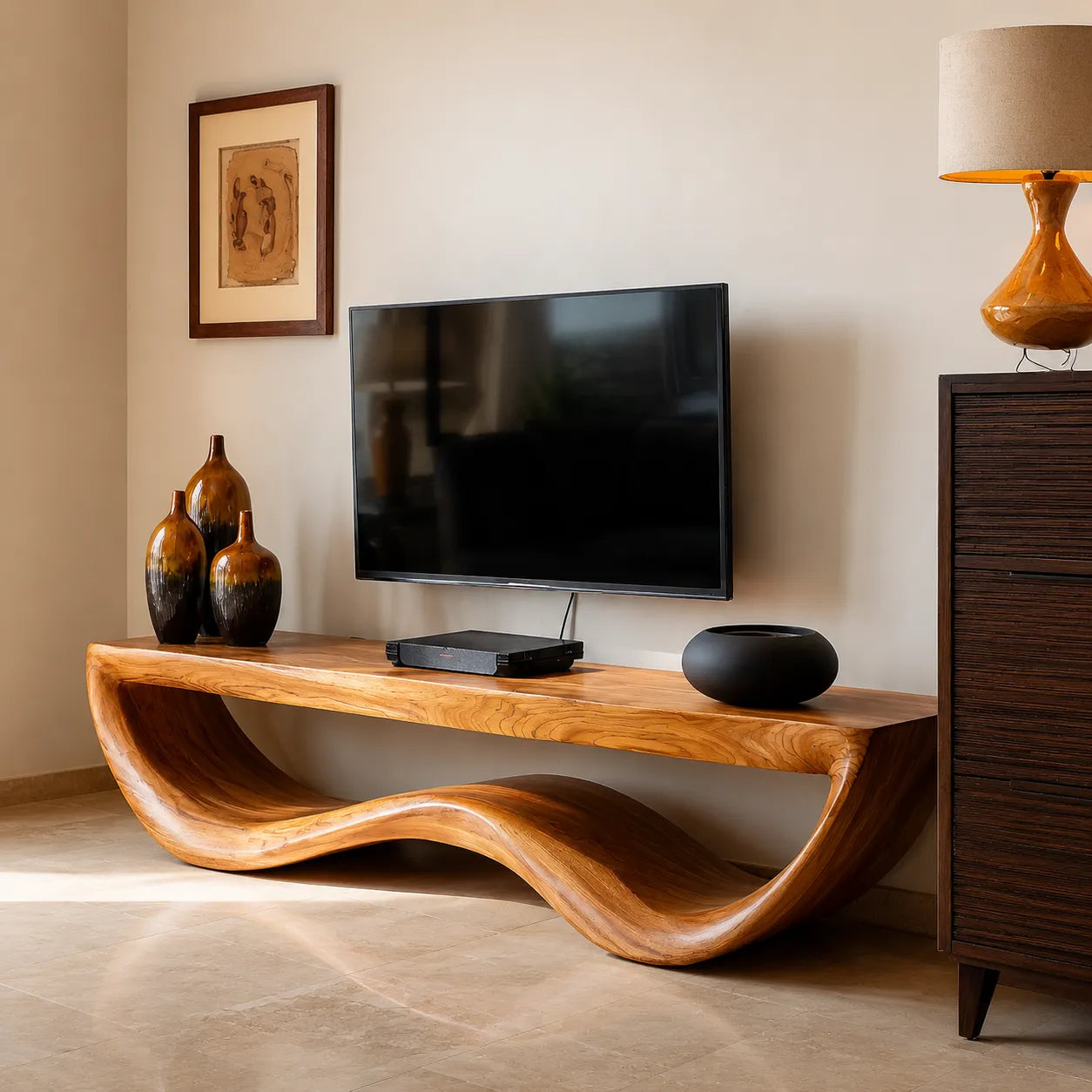 Live Edge Wave Natural Solid Wood TV Stand with Sculptural Form - Livewoodcraft