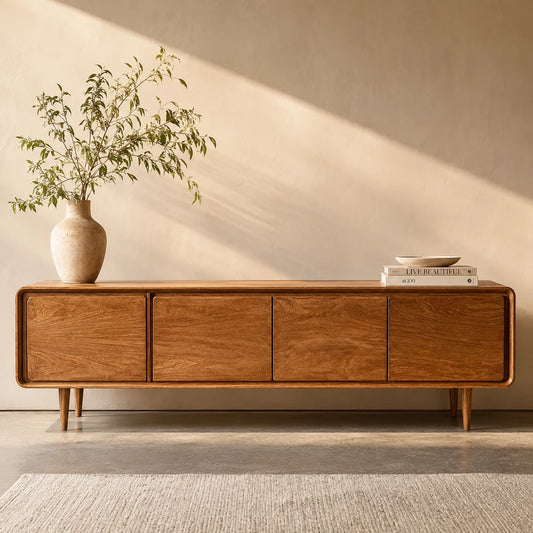 Low Profile Natural Solid Wood TV Stand with Rounded Four Door Storage - Echotimber
