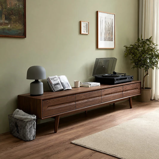 Low Profile Natural Solid Wood TV Stand with Tapered Legs and Drawers - Echotimber