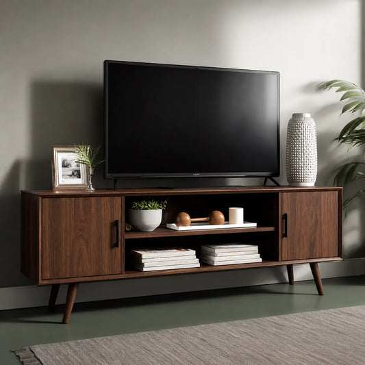 Mid Century Modern TV Stand with Cabinet Storage and Open Shelves - Echotimber