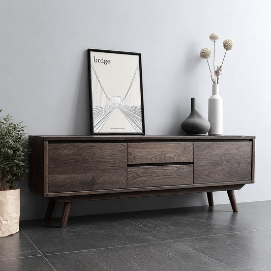 Mid Century Natural Solid Wood TV Stand with Drawer and Cabinet Storage - Echotimber