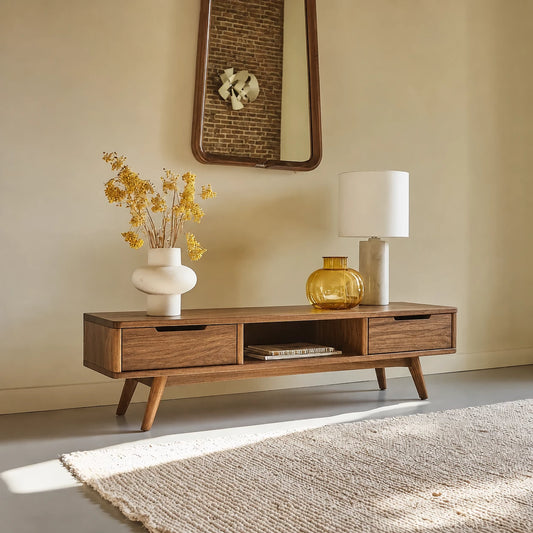 Mid Century Natural Solid Wood TV Stand with Open Shelf Storage - Echotimber - 0624