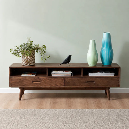 Mid Century Natural Solid Wood TV Stand with Open Shelf Storage - Echotimber