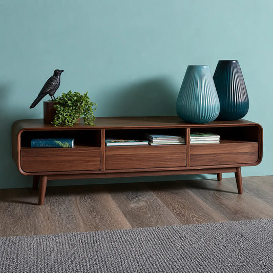 Mid Century Natural Solid Wood TV Stand with Rounded Frame Design - Echotimber