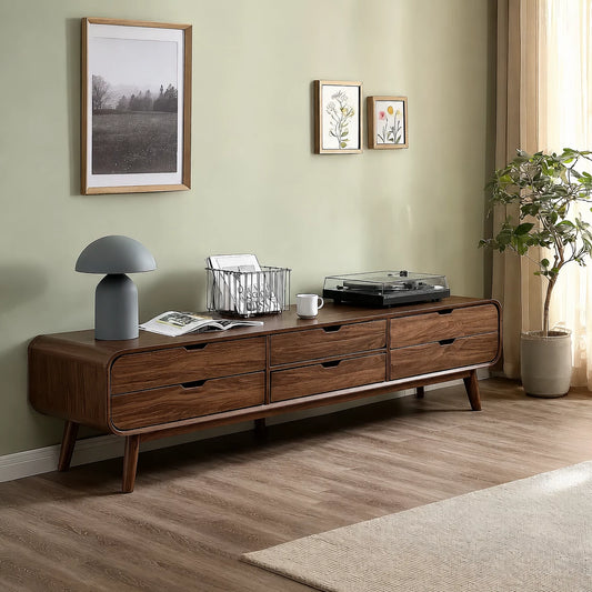 Mid Century Natural Solid Wood TV Stand with Six Drawer Storage - Echotimber