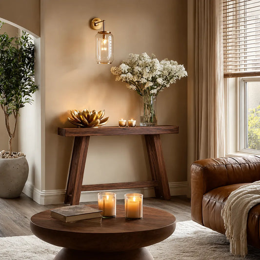 Minimalist Natural Solid Wood Console Table with Tapered A Frame Base - Echotimber