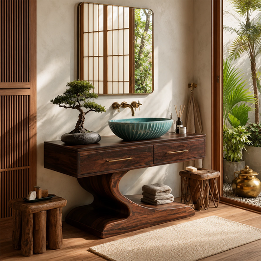 Modern Floating Bathroom Vanity with Sculptural Pedestal in Natural Solid Wood - Echotimber