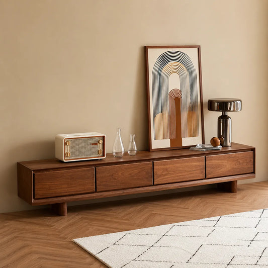 Modern Natural Solid Wood TV Stand with Four Drawer Storage Design - Echotimber