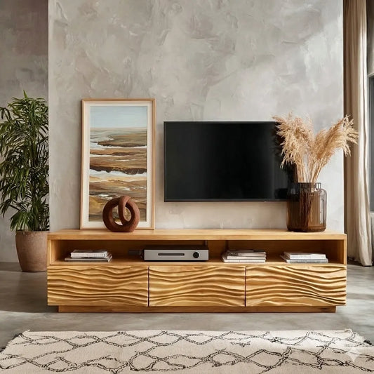Modern Natural Solid Wood TV Stand with Wave Front Cabinet Design - Echotimber