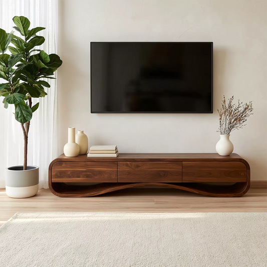 Modern Sculptural Solid Wood TV Stand With Rounded Frame For Living Room - Echotimber