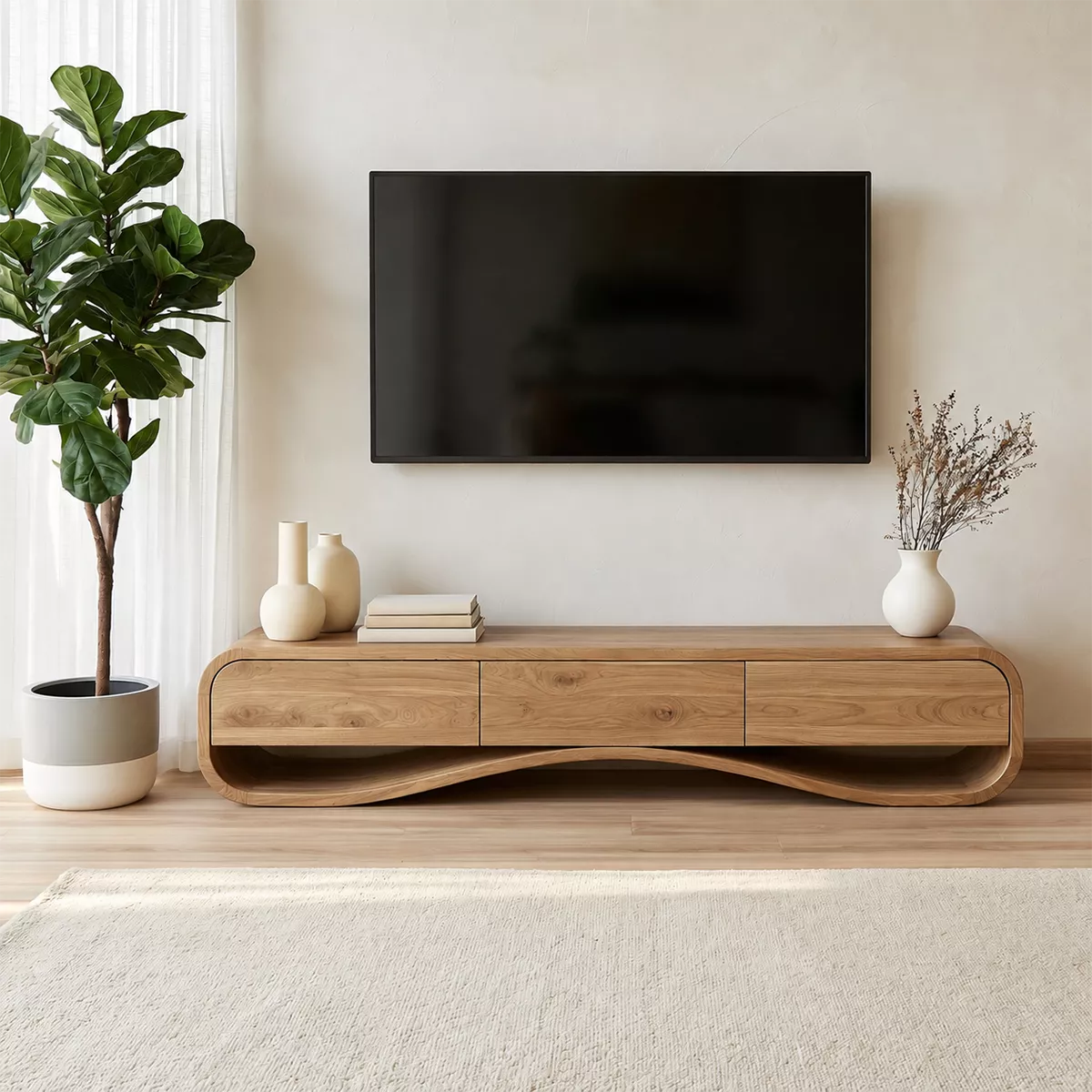 Modern Sculptural Solid Wood TV Stand With Rounded Frame For Living Room - Livewoodcraft - 2