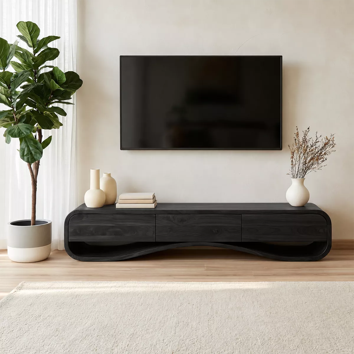 Modern Sculptural Solid Wood TV Stand With Rounded Frame For Living Room - Livewoodcraft - 3