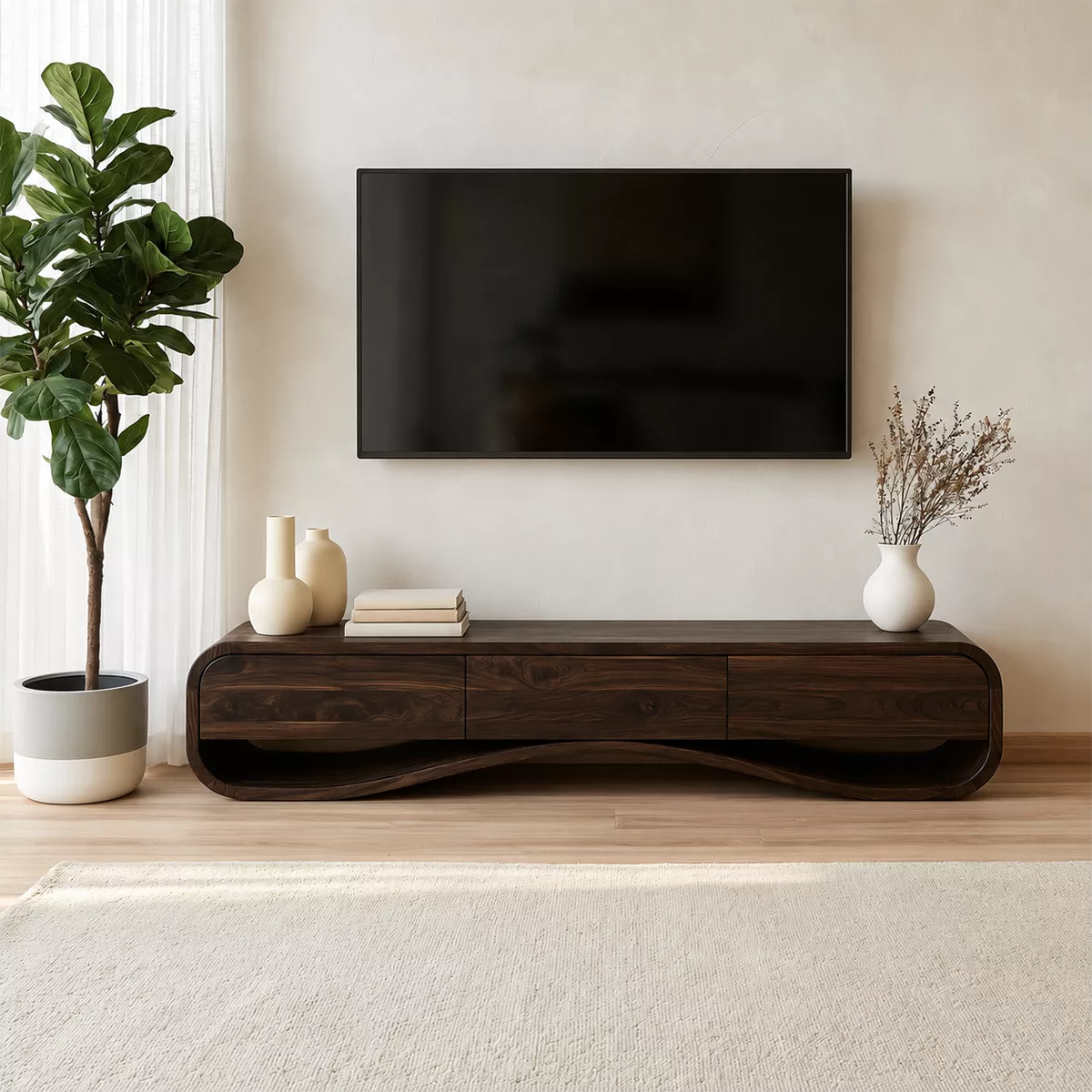 Modern Sculptural Solid Wood TV Stand With Rounded Frame For Living Room - Livewoodcraft - 4