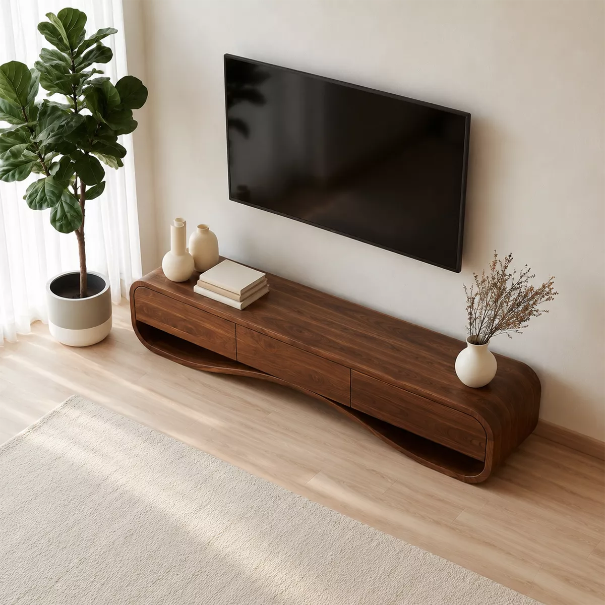 Modern Sculptural Solid Wood TV Stand With Rounded Frame For Living Room - Livewoodcraft - 6