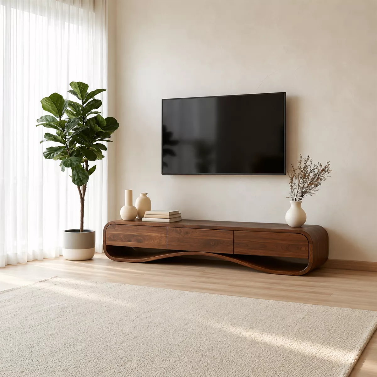 Modern Sculptural Solid Wood TV Stand With Rounded Frame For Living Room - Livewoodcraft - 8