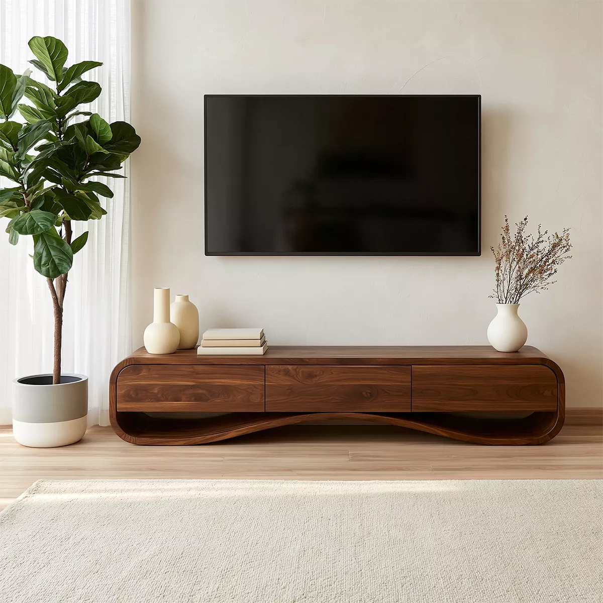 Modern Sculptural Solid Wood TV Stand With Rounded Frame For Living Room - Livewoodcraft