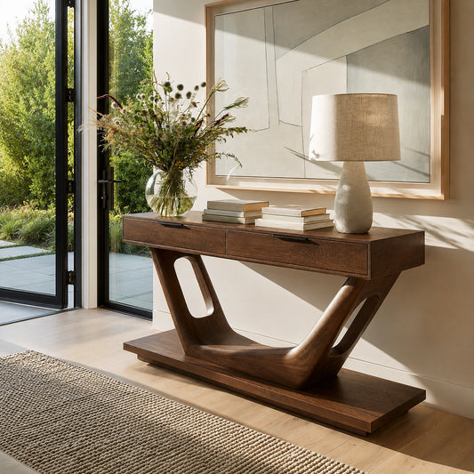 Modern Solid Walnut Console Table with Drawers | Sculptural Entryway Sofa Table - Echotimber