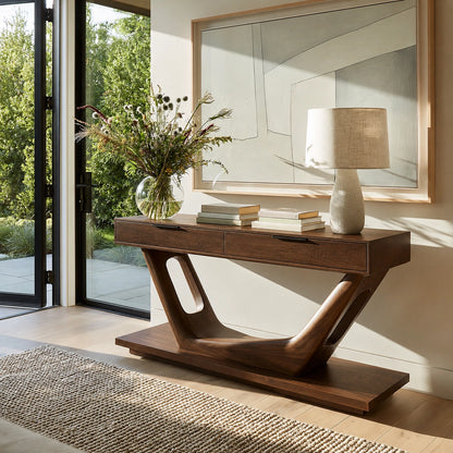 Modern Solid Walnut Console Table with Drawers | Sculptural Entryway Sofa Table - Livewoodcraft - 8