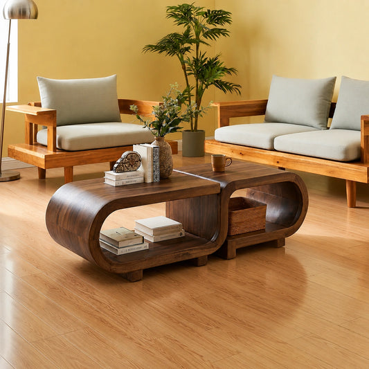 Modern Solid Walnut Nesting Coffee Table Set | Curved Wood Coffee Tables with Open Storage - Echotimber