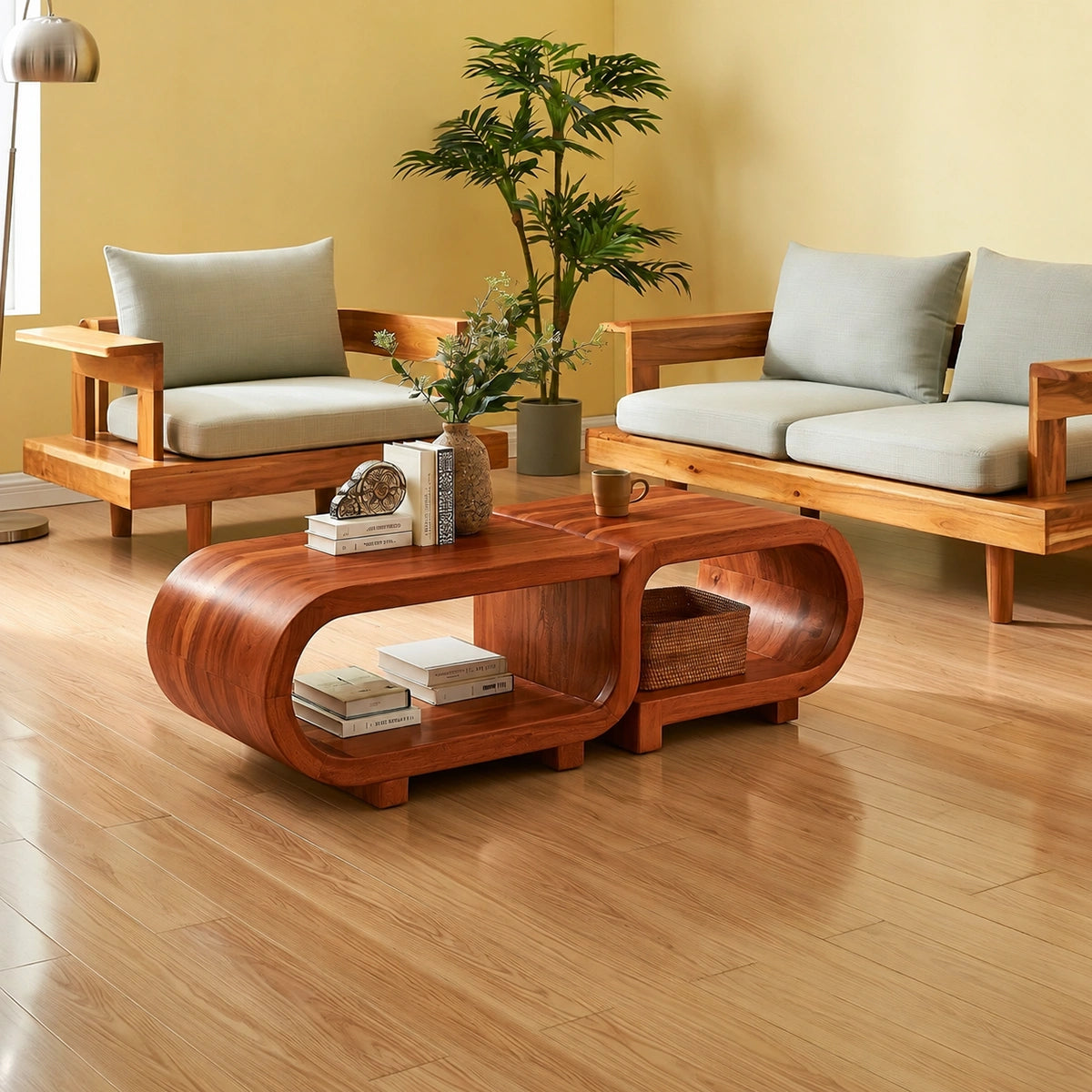 Modern Solid Walnut Nesting Coffee Table Set | Curved Wood Coffee Tables with Open Storage - Livewoodcraft - 2