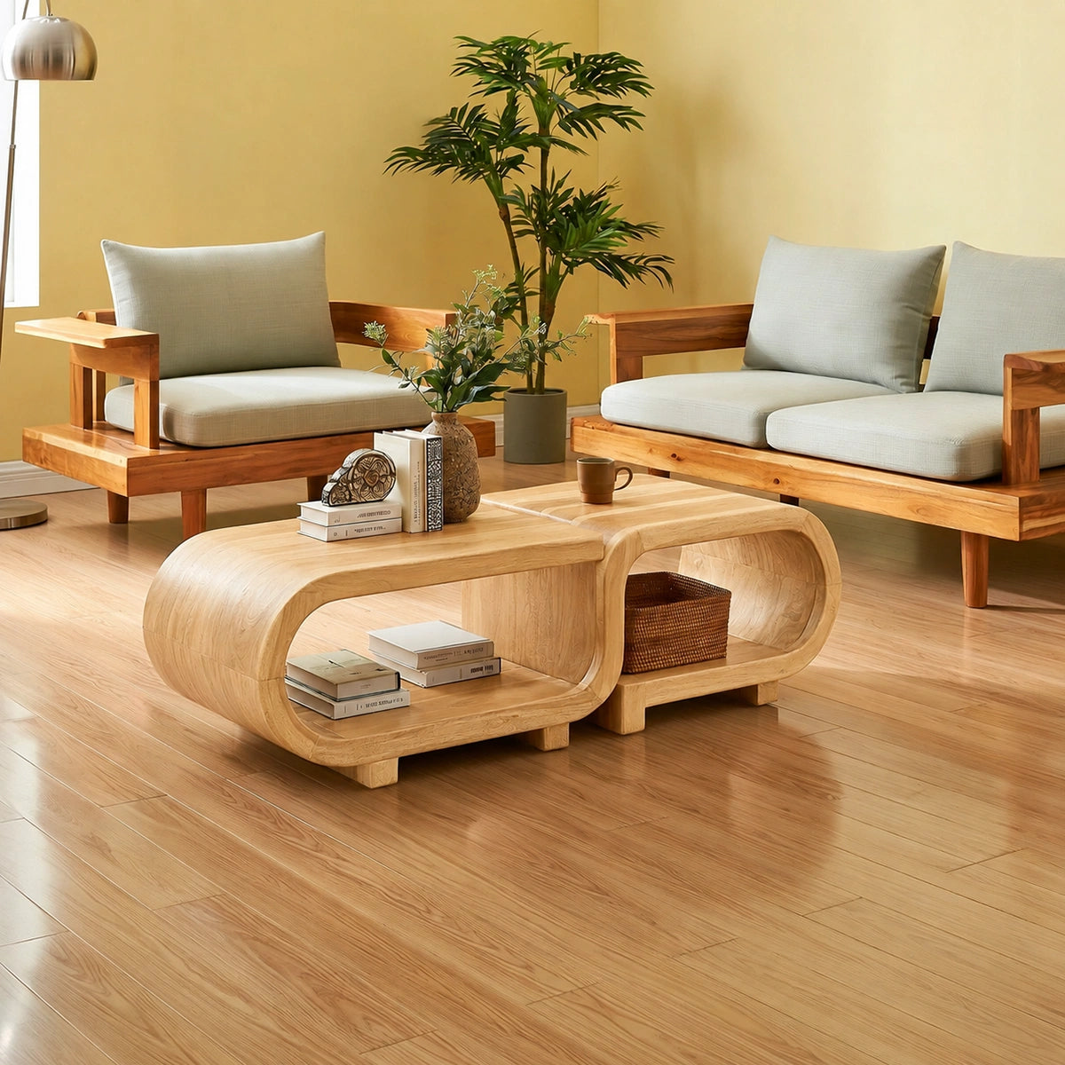 Modern Solid Walnut Nesting Coffee Table Set | Curved Wood Coffee Tables with Open Storage - Livewoodcraft - 3