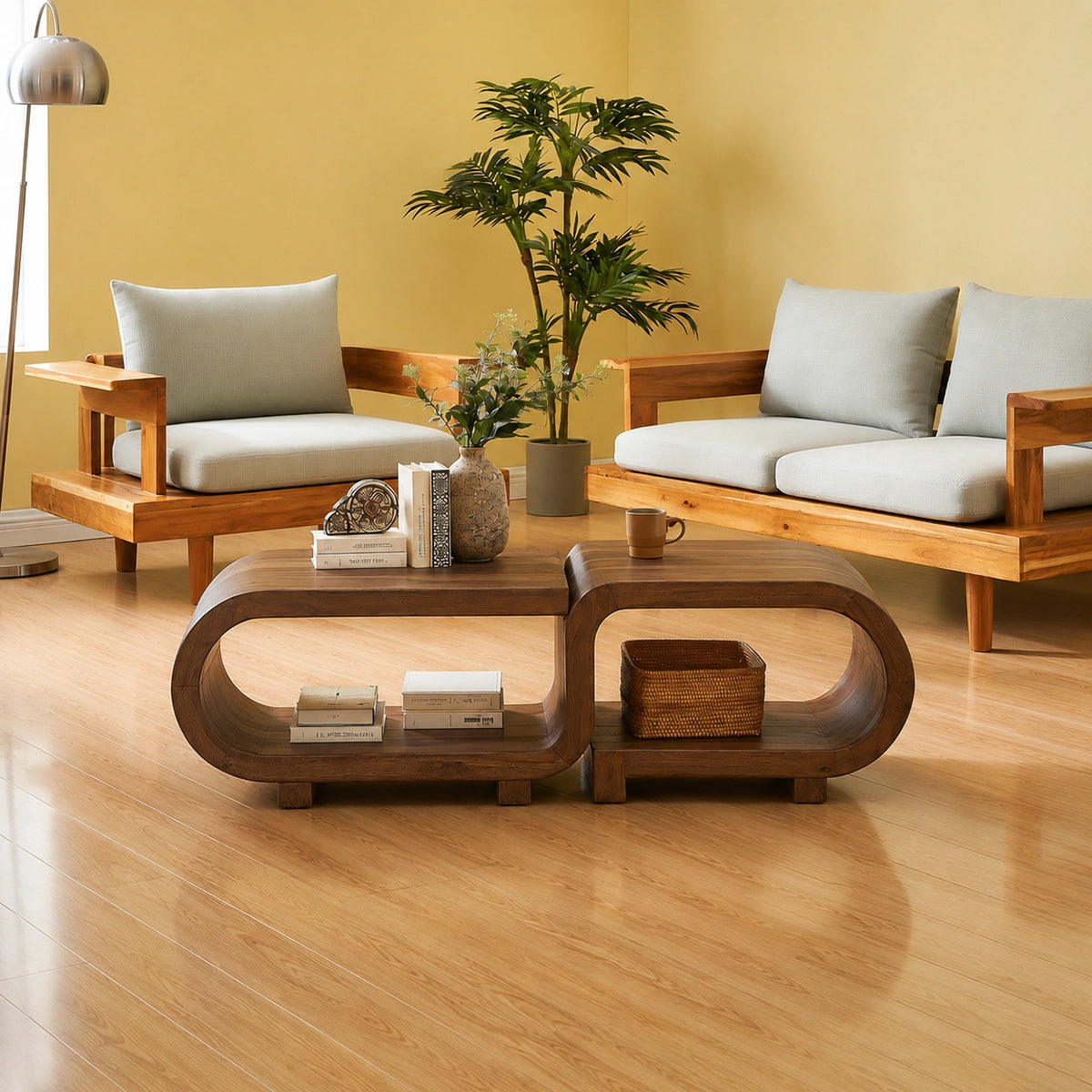 Modern Solid Walnut Nesting Coffee Table Set | Curved Wood Coffee Tables with Open Storage - Livewoodcraft - 6