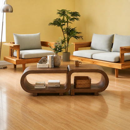 Modern Solid Walnut Nesting Coffee Table Set | Curved Wood Coffee Tables with Open Storage - Livewoodcraft - 6