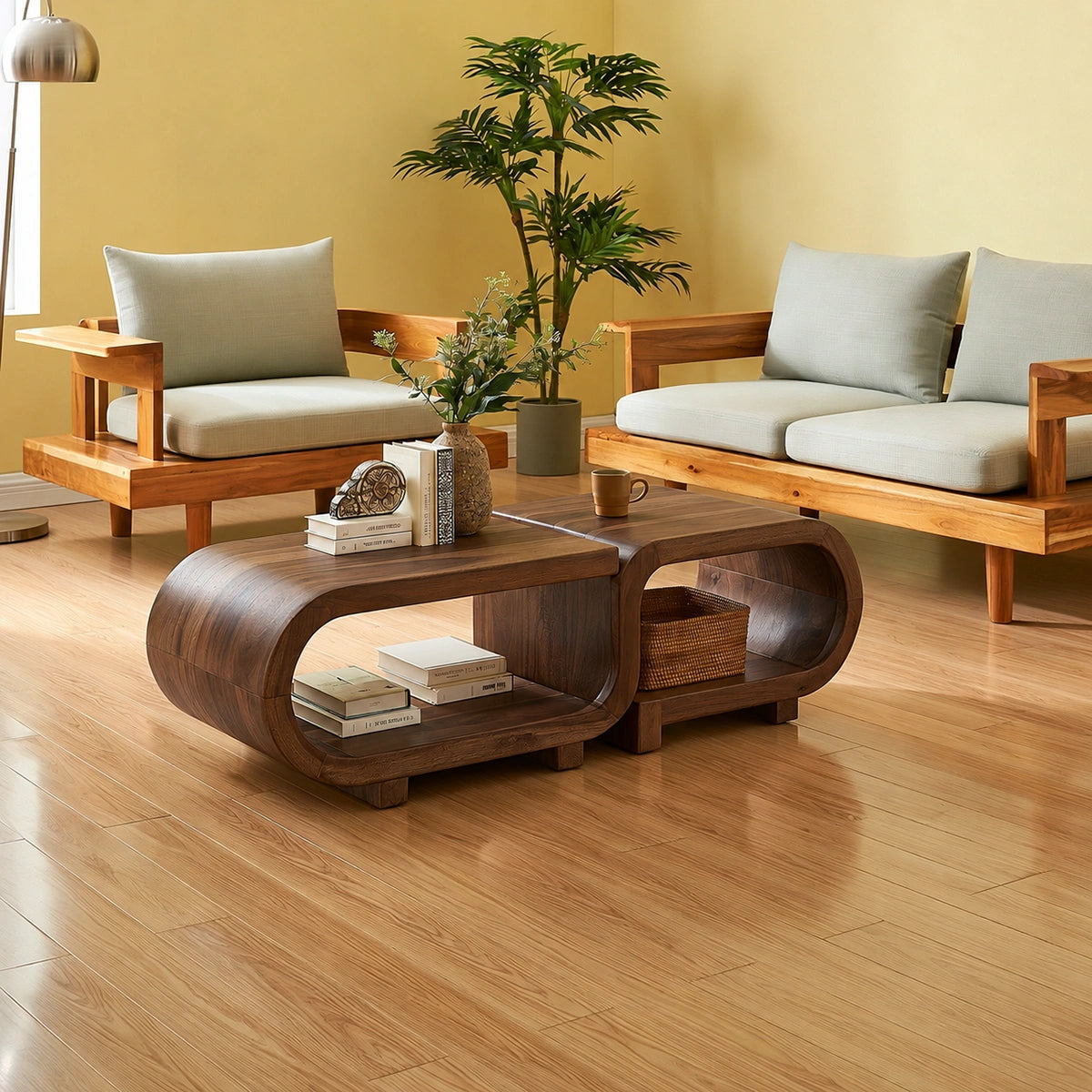 Modern Solid Walnut Nesting Coffee Table Set | Curved Wood Coffee Tables with Open Storage - Livewoodcraft - 7