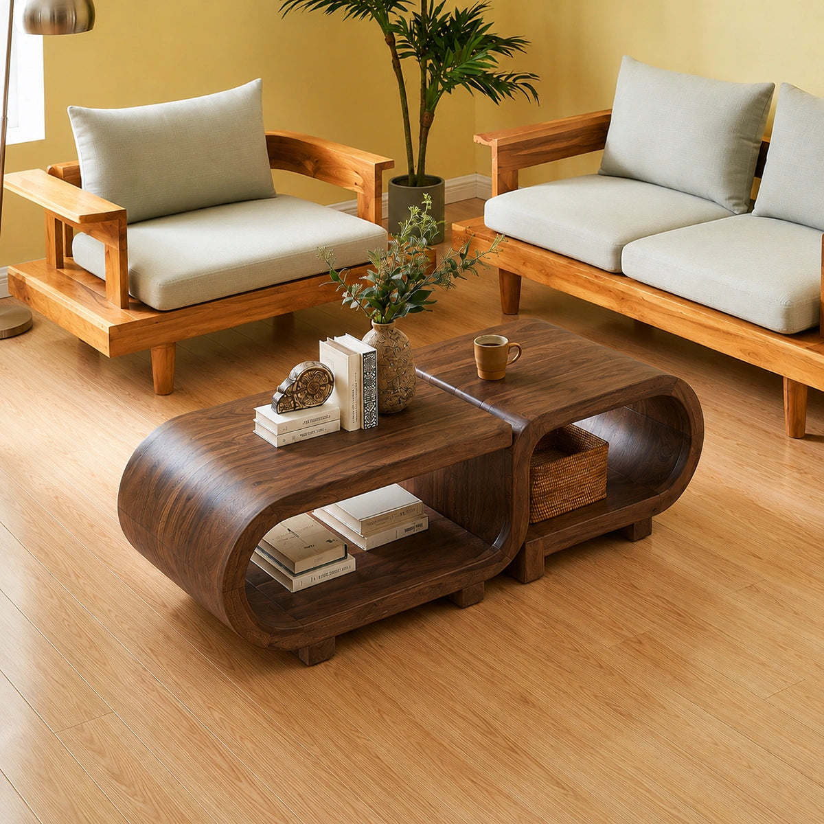 Modern Solid Walnut Nesting Coffee Table Set | Curved Wood Coffee Tables with Open Storage - Livewoodcraft - 8