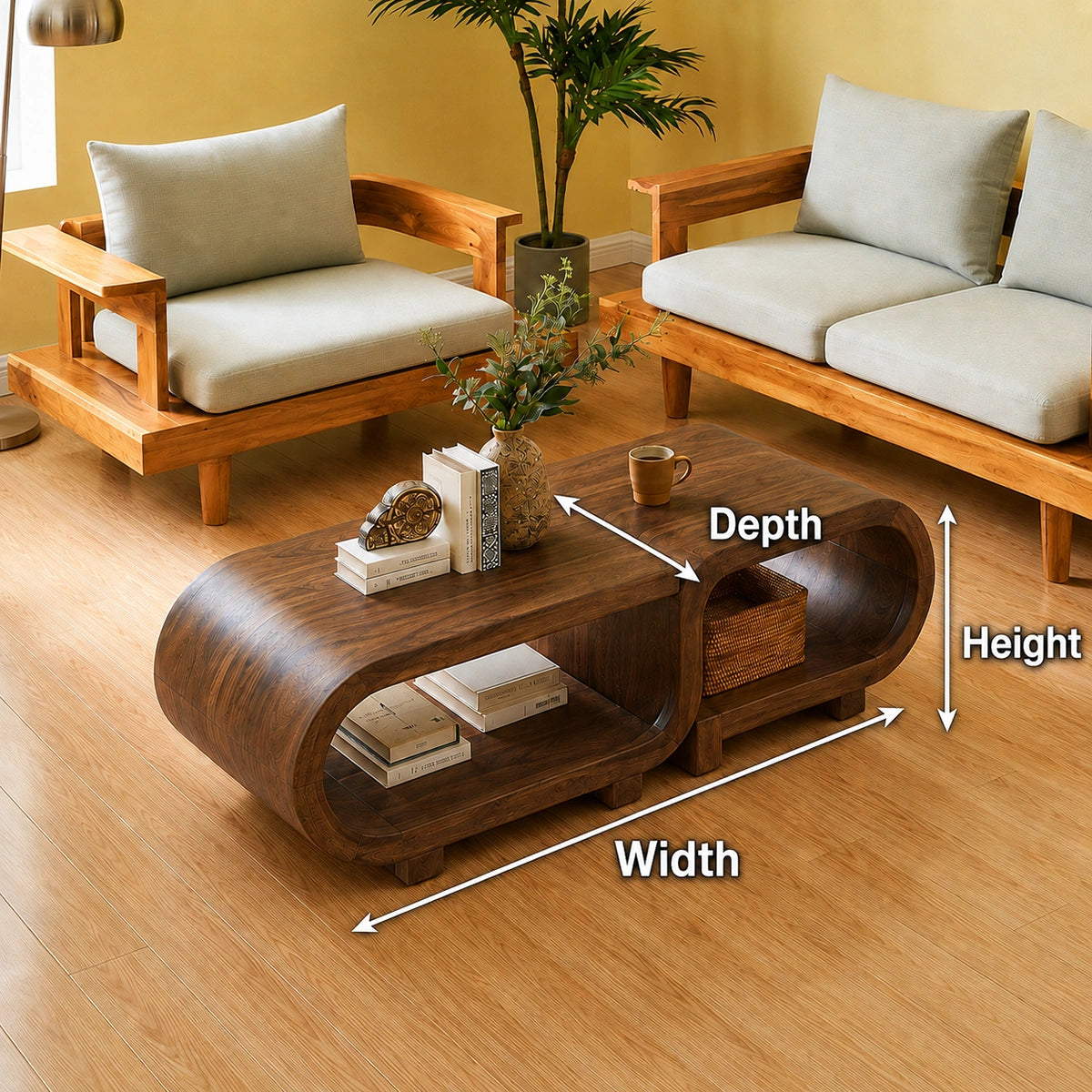 Modern Solid Walnut Nesting Coffee Table Set | Curved Wood Coffee Tables with Open Storage - Livewoodcraft - 9