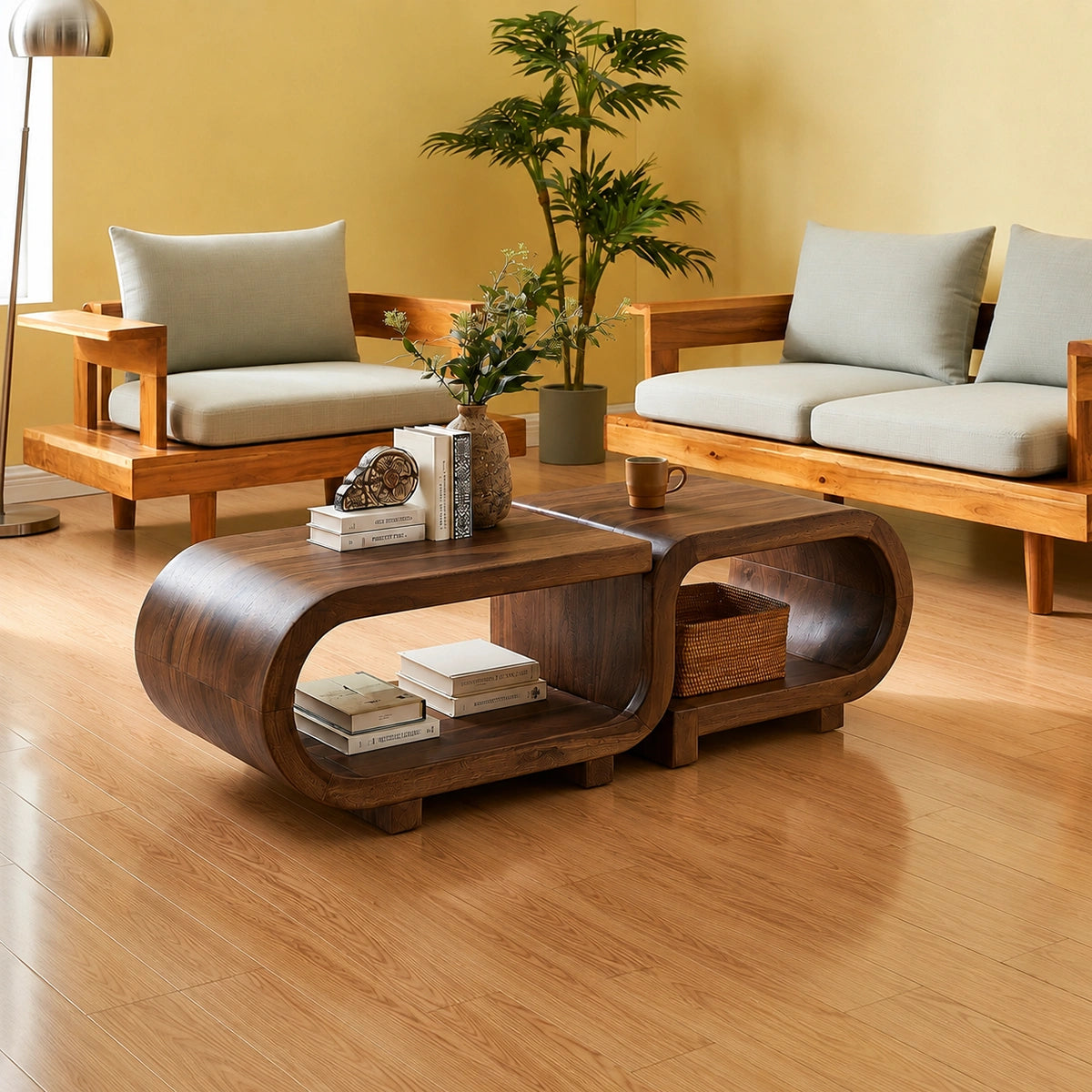 Modern Solid Walnut Nesting Coffee Table Set | Curved Wood Coffee Tables with Open Storage - Livewoodcraft