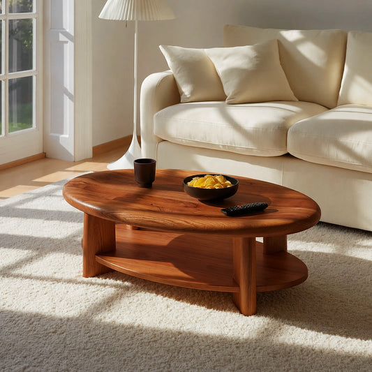 Modern Solid Walnut Round Coffee Table with Open Storage Shelf | Minimalist Living Room Table - Echotimber
