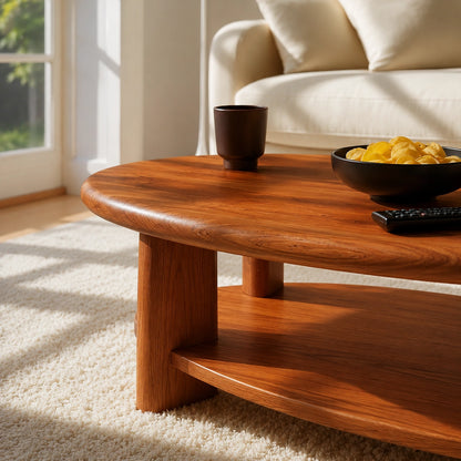 Modern Solid Walnut Round Coffee Table with Open Storage Shelf | Minimalist Living Room Table - Livewoodcraft - 2