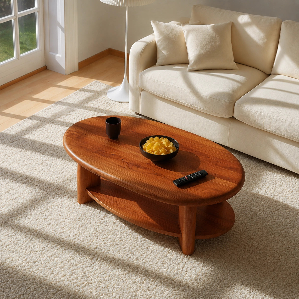 Modern Solid Walnut Round Coffee Table with Open Storage Shelf | Minimalist Living Room Table - Livewoodcraft - 4