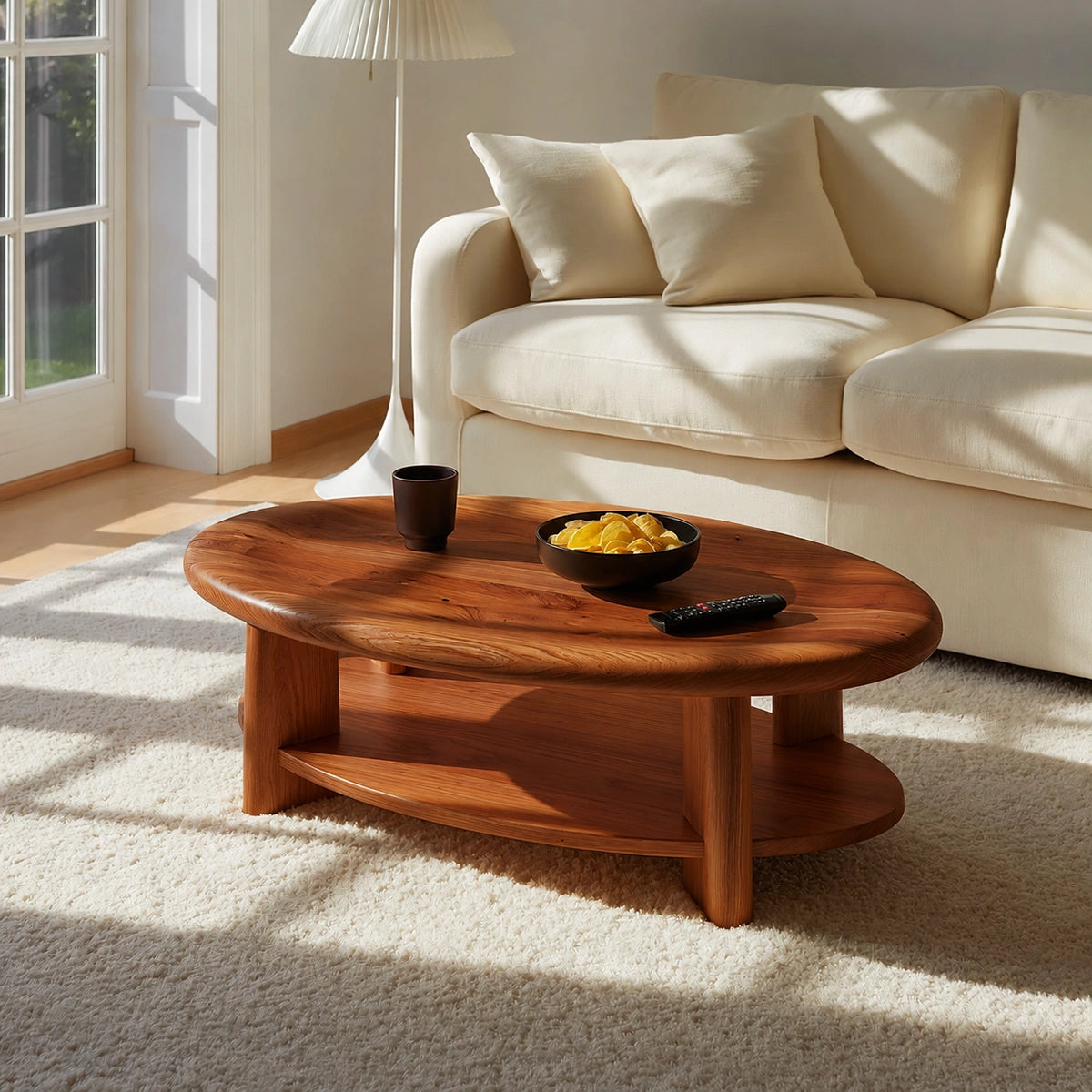 Modern Solid Walnut Round Coffee Table with Open Storage Shelf | Minimalist Living Room Table - Livewoodcraft