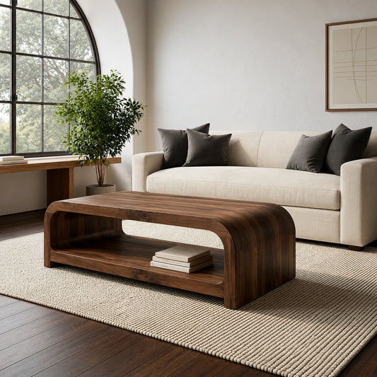 Modern Solid Walnut Waterfall Coffee Table with Open Storage | Minimalist Living Room Table - Echotimber