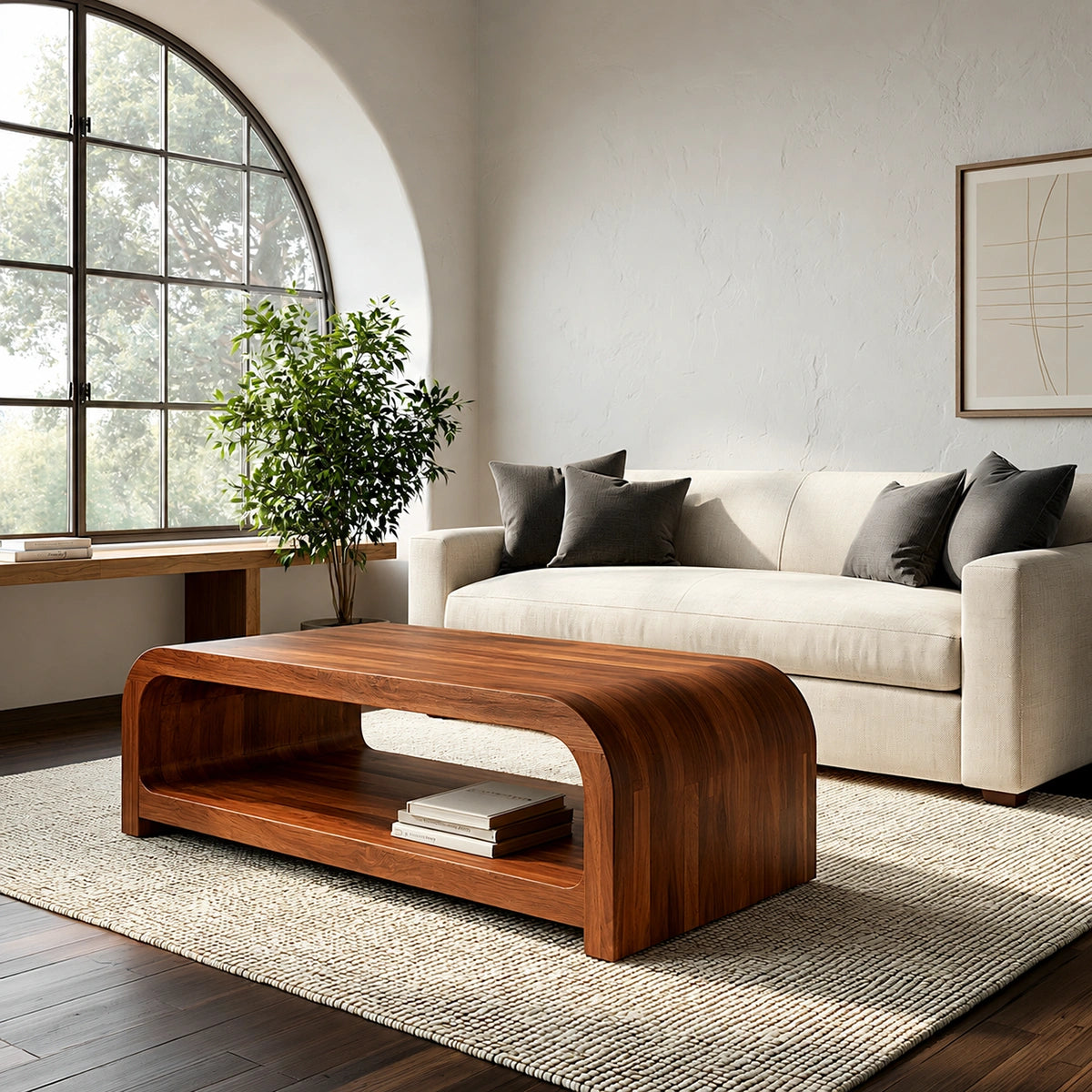 Modern Solid Walnut Waterfall Coffee Table with Open Storage | Minimalist Living Room Table - Livewoodcraft - 2