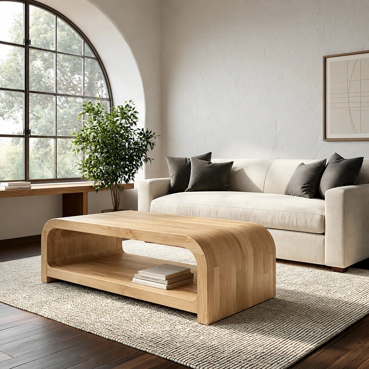 Modern Solid Walnut Waterfall Coffee Table with Open Storage | Minimalist Living Room Table - Livewoodcraft - 3