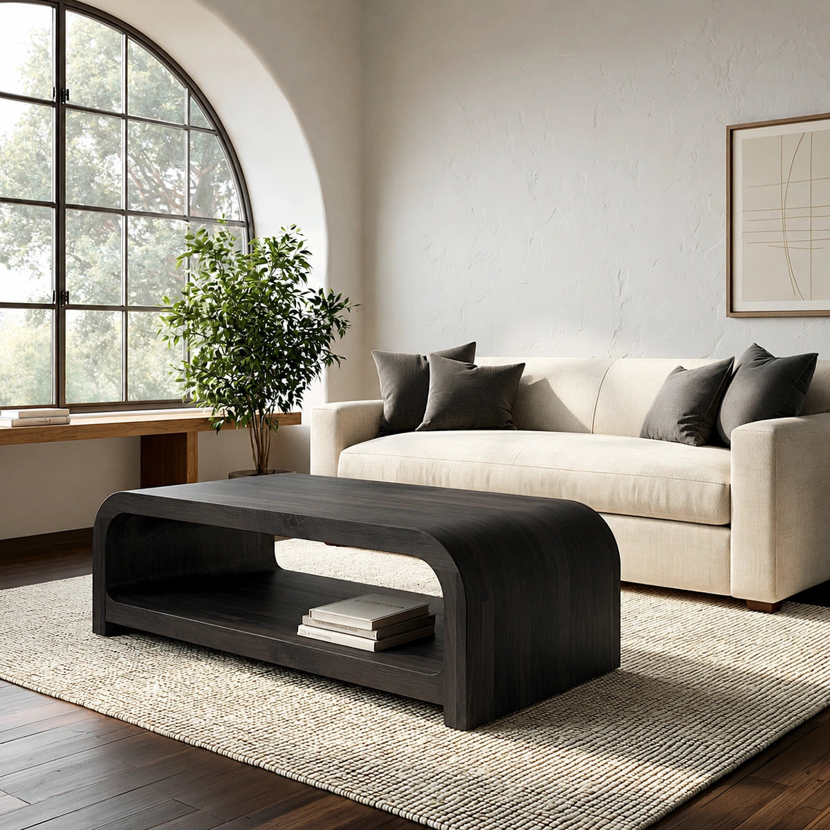 Modern Solid Walnut Waterfall Coffee Table with Open Storage | Minimalist Living Room Table - Livewoodcraft - 4