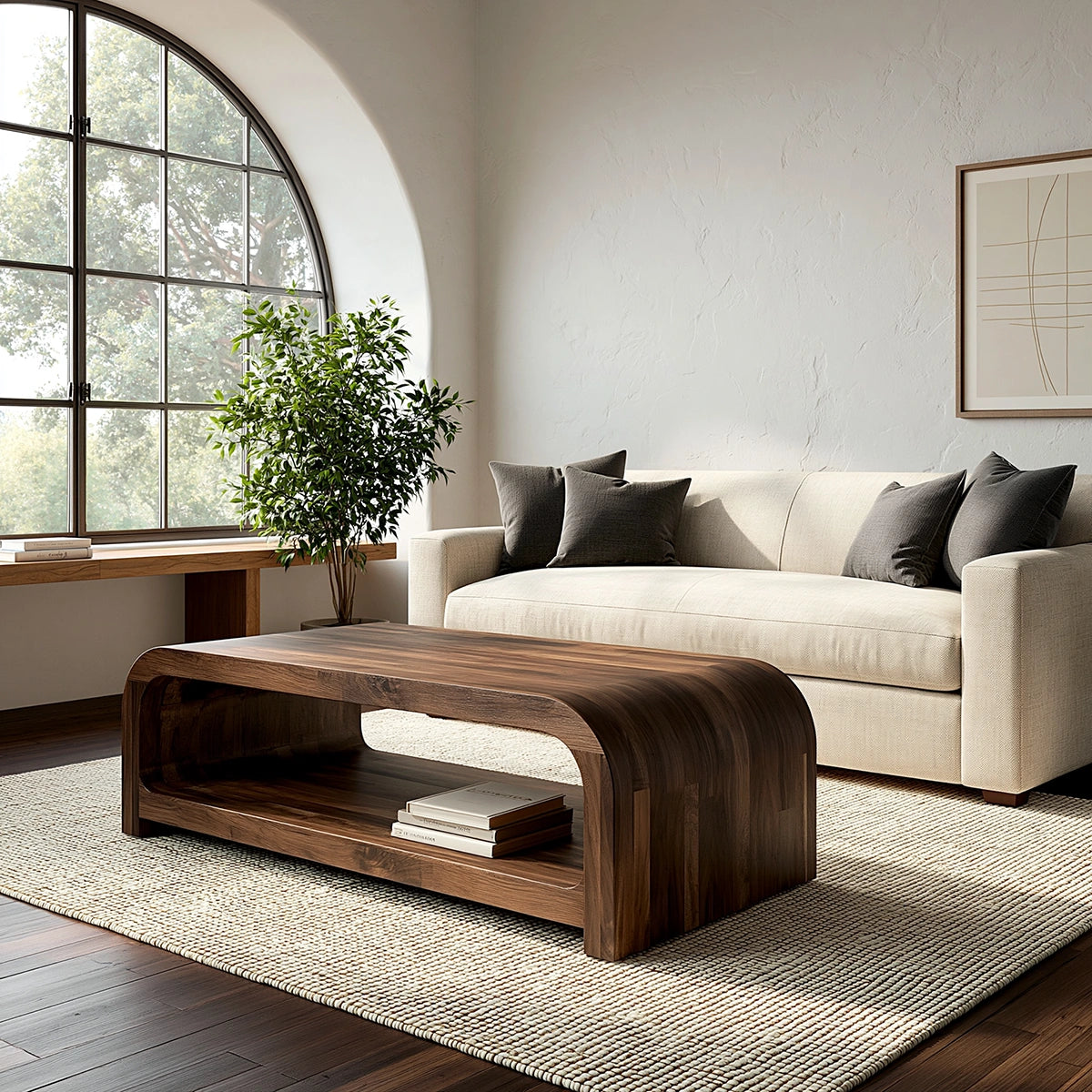 Modern Solid Walnut Waterfall Coffee Table with Open Storage | Minimalist Living Room Table - Livewoodcraft - 5