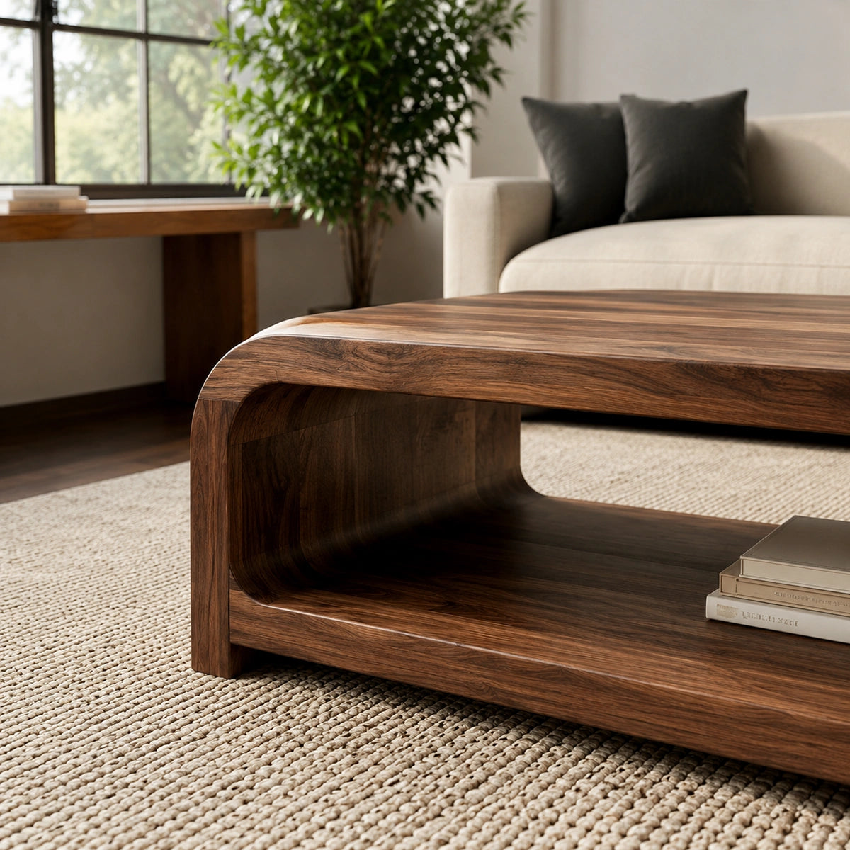 Modern Solid Walnut Waterfall Coffee Table with Open Storage | Minimalist Living Room Table - Livewoodcraft - 6
