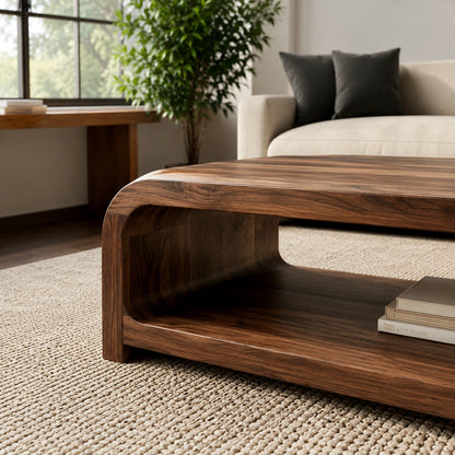 Modern Solid Walnut Waterfall Coffee Table with Open Storage | Minimalist Living Room Table - Livewoodcraft - 6