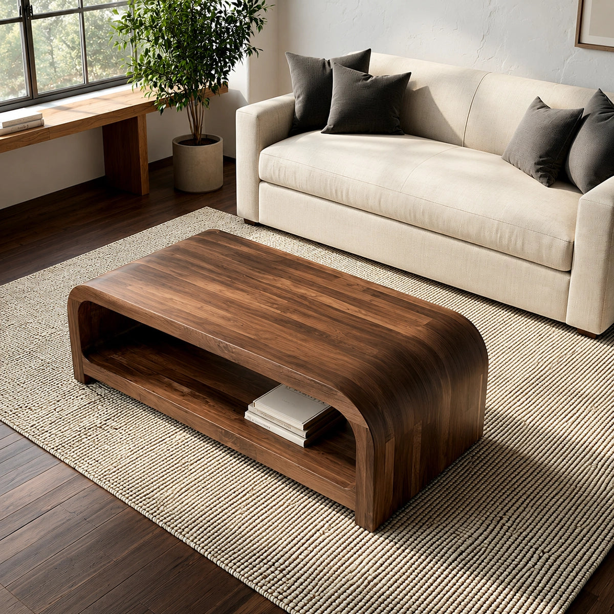 Modern Solid Walnut Waterfall Coffee Table with Open Storage | Minimalist Living Room Table - Livewoodcraft - 7