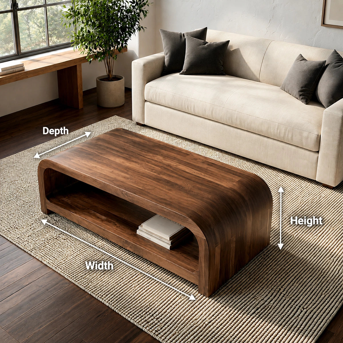 Modern Solid Walnut Waterfall Coffee Table with Open Storage | Minimalist Living Room Table - Livewoodcraft - 9
