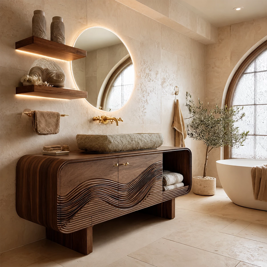 Modern Solid Wood Bathroom Vanity with Sculpted Wave Front and Open Shelf - Echotimber