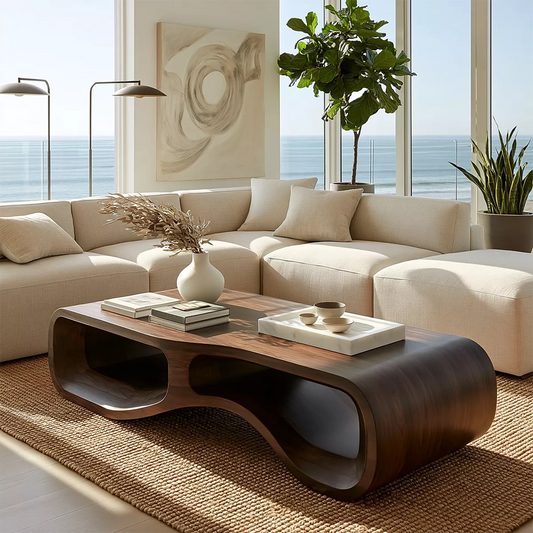 Modern Solid Wood Coffee Table With Double Hollow Base Rounded Sides And Natural Wood Grain For Living Room - Echotimber