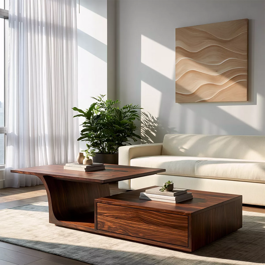 Modern Solid Wood Coffee Table With Raised Top Storage Drawer And Sculptural Base For Living Room - Echotimber