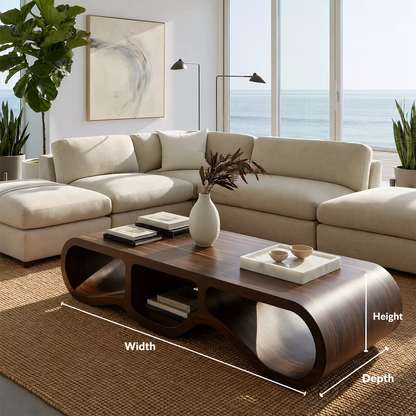 Modern Solid Wood Coffee Table With Triple Hollow Base Rounded Sides And Natural Wood Grain For Living Room - Livewoodcraft - 9